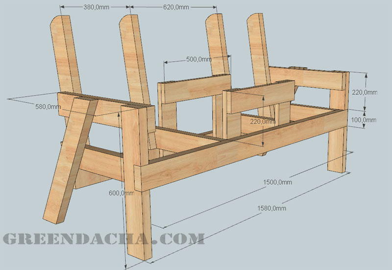 Скамейка со столиком: 3D модель, чертеж, размеры.